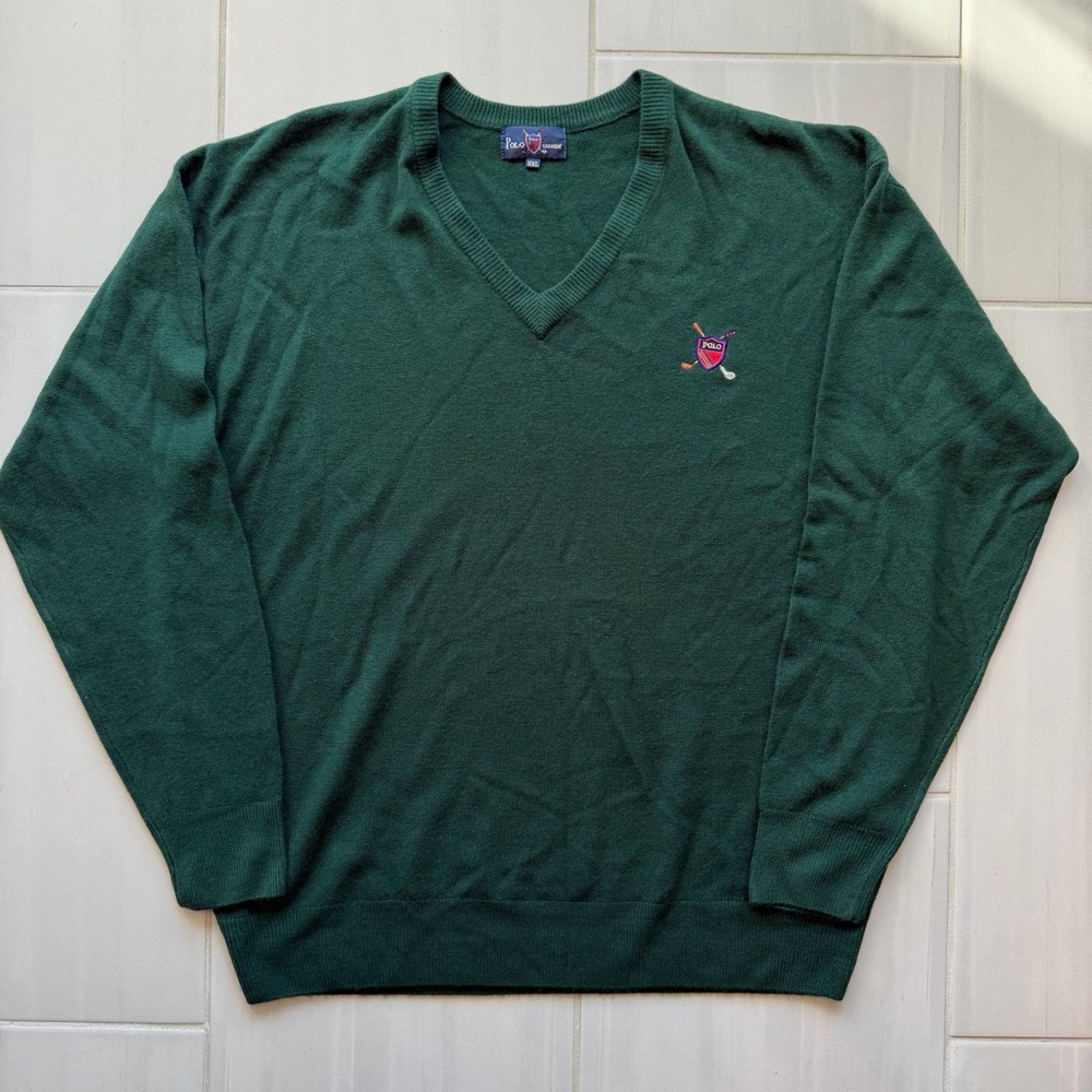 POLO Ralph Lauren Pure Cashmere Sweater Dark Green Golf Shield Logo Y2K Mens 2XL